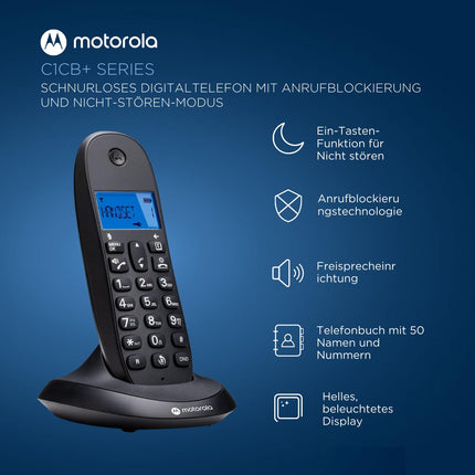 Motorola C1001CB+ – digitaalne DECT juhtmeta telefon – kõnede blokeerimise režiim, helistaja ID, valjuhääldi, 50 numbrit mahutav telefoniraamat, taustvalgustusega ekraan – must