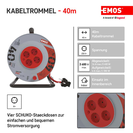 EMOS - 40m kaablirull tugevdatud pikenduskaabliga - 4 Schuko pistikupesa - 230 V, 16 A, 3680 W - PVC isolatsioon - H05VV-F3G 2,5 mm² - ülekuumenemiskaitse - IP20 sisekasutuseks, hall-punane