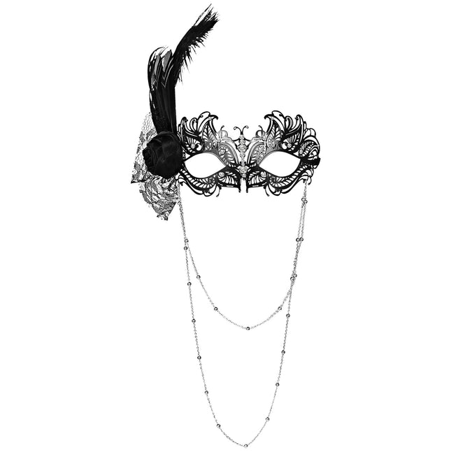 Cupimatchi Veneetsia maskeraadi sulgedest mask: elegantne metallist silmamask sulgede ja kettidega, vintage pitsist lillemask, luksuslik printsessipalli mask Halloweeni karnevaliks, Mardi Gras, must