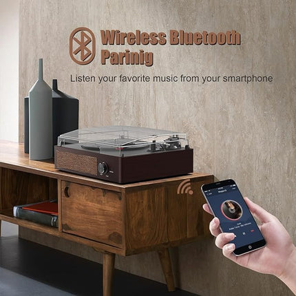 Vinüülplaadimängija, Bluetooth-kaasaskantav vinüülplaadimängija 3 kiirusega (33/45/78 p/min) ja sisseehitatud 2 stereokõlariga - naturaalne puit