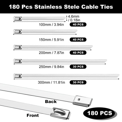 Celepoir 180 pieces stainless steel cable ties set, 100 mm/150 mm/200 mm/250 mm/300 mm metal cable ties, UV-resistant, stainless steel metal cable ties for fastening balcony fences, garden fences,