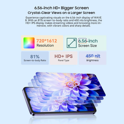 Blackview Wave 8 4G Android 14 nutitelefon ilma lepinguta, 12 GB + 128 GB (2 TB väline SD-kaart), 6,56-tolline HD+ ekraan (silmadele mugav režiim), 13 MP + 8 MP, kahe SIM-kaardiga mobiiltelefon, Smart-K Box kõlar, GPS, lilla