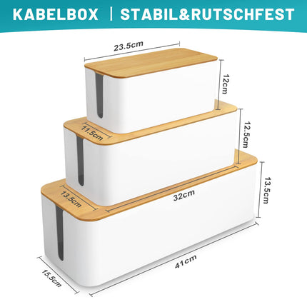 Lannvan Cable Box - Set of 3 made of ABS plastic with bamboo lid - Desk organizer for hiding cables - Cable management box large, medium &amp; small (white)