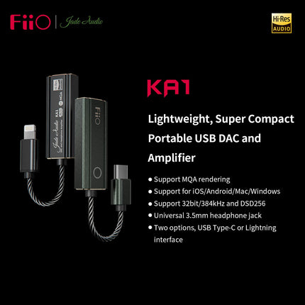 FiiO JadeAudio KA1 kõrvaklapivõimendi, pisike USB DAC, kõrge eraldusvõimega, 3,5 mm kadudeta, nutitelefonidele/arvutitele/sülearvutitele/mängijatele (tüüp-C, must)