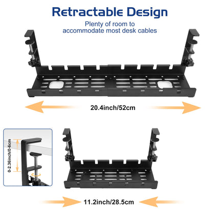 WADEO Under Desk Cable Management Tray, 28-52 cm Extendable and Adjustable Cable Organizer No Drilling, Set with 148 Accessories