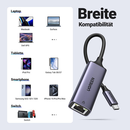 UGREEN USB C Etherneti adapter 1000Mbps, Thunderbolt USB C LAN-adapter Võrguadapter, mis ühildub iPhone 16, iPad Pro/Air, MacBook Pro/Air, Galaxy S25, Steam Deckiga (hall)