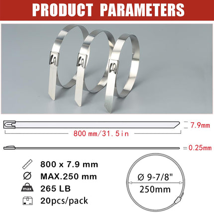 MgcTolBox Stainless Steel Cable Ties Long 800x7.9mm, Metal Cable Ties | 20 Pieces