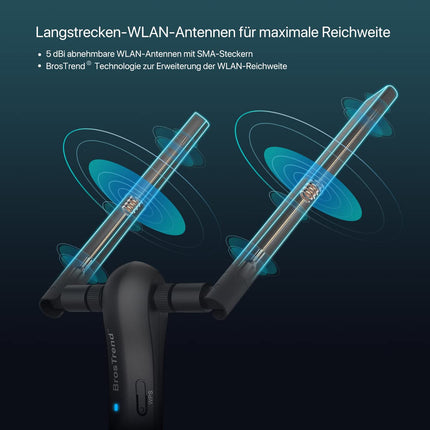 BrosTrend AC1200 USB WLAN-pulk, WiFi-adapter lauaarvutile sülearvutile Windows 11/10/8/7-ga, pika levialaga, kahekordne WLAN kuni 867 Mbps 5 GHz, 300 Mbps 2,4 GHz, kahe 5 dBi antenniga, USB 3.0