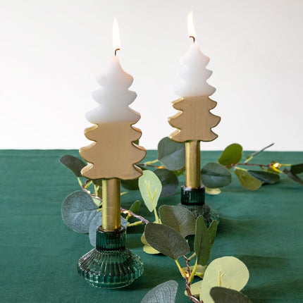 Christmas tree-shaped candles, white and gold, perfect for the dining table or fireplace, use as home decoration, stocking filler, unscented, size 22 cm, burn time: 8
