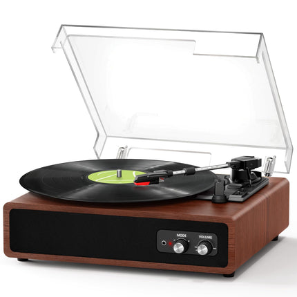 Record Player, FYDEE Vinyl Record Player with Built-in Stereo Speakers, Bluetooth Record Player with Transmitter, 3 Speeds 33/45/78 RPM, Supports RCA and AUX, Walnut