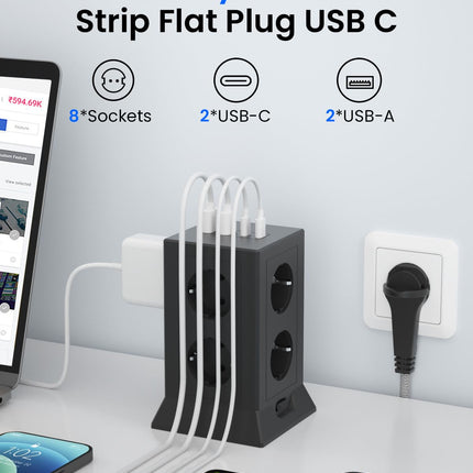 8-suunaline pikendusjuhe 4 USB-C pistikupesa adapteriga, pikendusjuhe ülepingekaitsega, pistikupesa lülitiga, toitejaotur 2m kaabliga kontorisse ja koju, must
