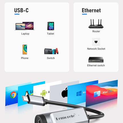Lemorele USB C Etherneti adapter, Thunderbolt 3/Type C RJ45 gigabaidise Etherneti LAN-võrguadapter 100W PD laadimispordiga. Ühildub sülearvutite, arvutite, lülitite, MacBookide, iPadide ja muude C-tüüpi seadmetega.