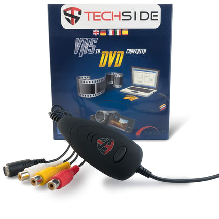 TechSide Video Grabber 2025 - VHS-kassettide digitaliseerimine (USB 2.0) seadistusviisardiga, sh SCART + RCA, VHS/Hi8 videosalvestite jaoks, Windows 11/10, teisendab kassetid MP4-ks