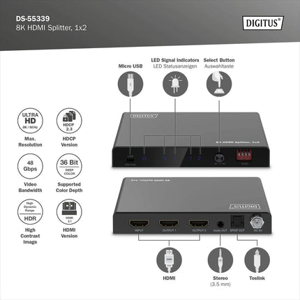 DIGITUS DS-55339 HDMI jaotur 1x2 – sisend: 1 port/väljund: 2 porti – UHD 8K/60 Hz HDTV: 7680 × 4320p – HDCP 2.3 ja HDMI 2.1 – HDR, Deep Color, EDID-lüliti – Toslink, Stereo (3,5 mm)