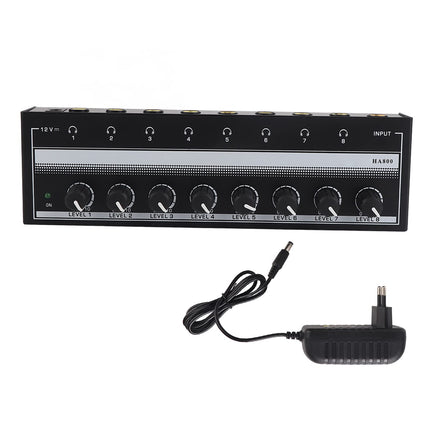 Focket 8-kanaliline stereo kõrvaklapivõimendi, kaasaskantav mini kõrvaklappide jaotur, 3,5 mm TRS 12 V stereovõimendi heli mikseriks, referentsmonitooringuks, isiklikuks kuulamiseks