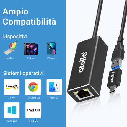 Atolla USB Etherneti adapter, USB C Etherneti kaabel RJ45 1000 Mbps alumiiniumist, ühildub Macbooki, Windowsi, Mac Pro, sülearvuti, arvuti ja teiste seadmetega