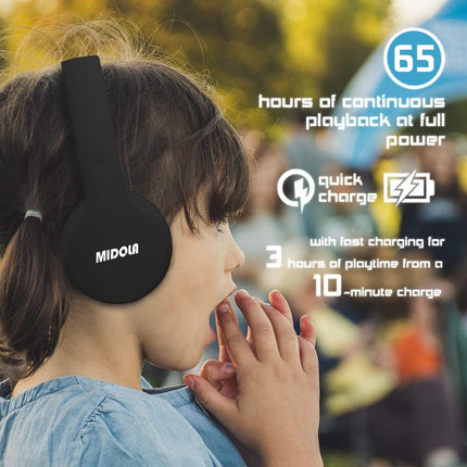 MIDOLA Soskakiist Volume Limited 85dB laste kõrvaklapid, Bluetooth juhtmevabad kokkupandavad stereo mürasummutavad kõrvaklapid AUX 3.5mm pistikuga poistele, tüdrukutele, lastele, iPadidele, tahvelarvutitele, teleritele (mustad)