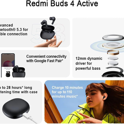 Xiaomi Redmi Buds 4 Active Bluetooth 5.3 kõrvasisesed kõrvaklapid, võimas bass, nutikas puutetundlikkus ja kuni 28-tunnine aku tööiga - valged