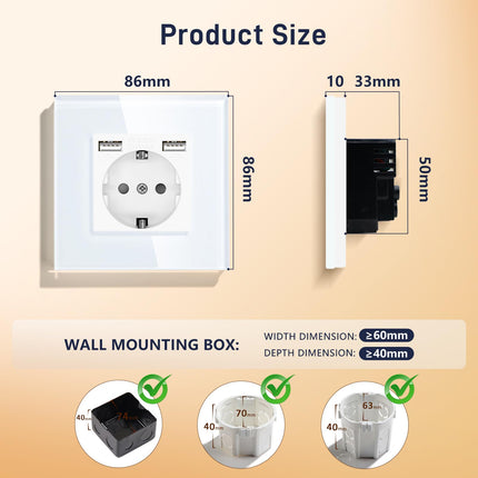 BSEED USB socket white Schuko socket with USB port (Max. 2.1A) flush-mounted socket glass protective contact socket charger for mobile phones, laptops etc.