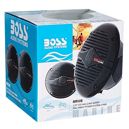 KIT set FOR BOSS Audio Systems MR50B 2 Black 2-way marine speakers 5.25" 13.5 cm 135 mm, 75 watts rms 150 watts max, waterproof, sea, swimming pool, boat, hotel, per pair + free accessories