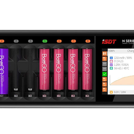 ISDT N8 8 pesaga kiirlaadija, 18W nutika LCD-värvilise ekraaniga laadija, AA/AAA laadija laadimistsükli, tühjenemise ja analüüsiga, laadija Li-Ion LiHv NI-MH NI-Cd LiFePO4 taaskasutatavate akude jaoks