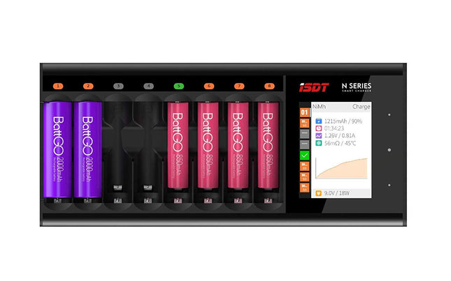 ISDT N8 8 pesaga kiirlaadija, 18W nutika LCD-värvilise ekraaniga laadija, AA/AAA laadija laadimistsükli, tühjenemise ja analüüsiga, laadija Li-Ion LiHv NI-MH NI-Cd LiFePO4 taaskasutatavate akude jaoks