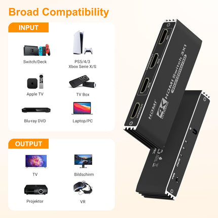 HDMI-lüliti 3 sisse 1 väljund 4K@120Hz HDMI-jaotur Automaatne 4K HDMI-jaotur kaugjuhtimispuldiga, HDMI-lüliti toetab 40Gbps Dolby HDCP2.3 3D HDR-i VR-i, Fire TV, Stick UHD TV, PS4, Xbox DVD, Blu-Ray jaoks