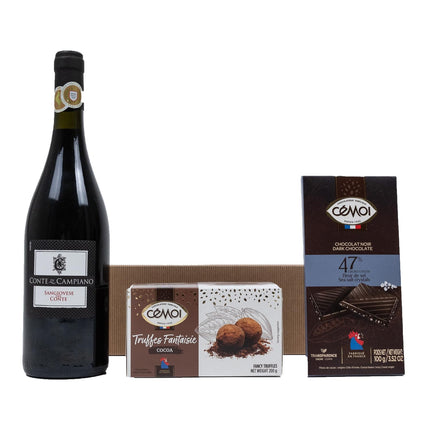 The Wine Guys kinkekorv „Gaumenfreude“ Itaalia punane vein Sangiovese ja Prantsuse šokolaaditrühvlid ning piimašokolaad kinkekomplektina