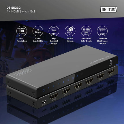 DIGITUS DS-55332 HDMI-lüliti 5x1 - 5 sisendit, 1 väljund - UHD 4K/60 Hz HDTV: 3840 x 2160p - HDCP 2.2 ja HDMI 2.0 - HDR, CEC, Deep Color, DTS, Dolby Digital, LPCM - teleri, monitori, PS5, PS4, Xboxi jaoks