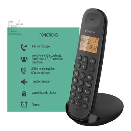 Logicom ILOA 150 Cordless Landline Phone without Answering Machine – Solo – Analog and DECT Phones – Black