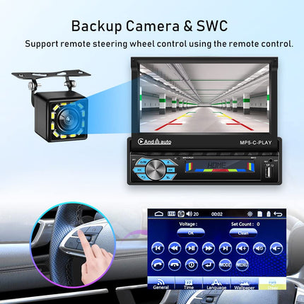 Car Radio 1 Din Apple Carplay with Screen Motorized Extendable with Android Auto Bluetooth, 7-inch Media Receiver Car Radio Stereo with FM Radio/Mirror Link + Rear View Camera and Microphone