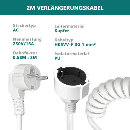 Kaitsekontakti pikendus, spiraalkaabli pikendus, venitatav 0,58 m kuni max 2 m, IP20 pikenduskaabel, pikendus (230V/16 A), spiraalkaabel Schuko pistiku ja ühendusega, valge