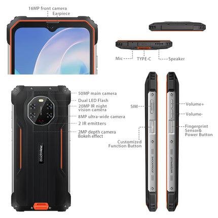 Blackview 5G lepinguta õues kasutatav nutitelefon BL8800, 50MP neljakaamera, 20MP infrapuna öise nägemisega kaamera, Dimensity 700 8GB+128GB, 6.58'' FHD+, 8380mAh 33W kiirlaadimine, IP68 vastupidav mobiiltelefon NFC GPS OTG oranž
