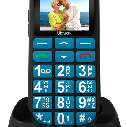 Uleway seenioridele mõeldud mobiiltelefon suurte nuppudega ja lepinguta, kahe SIM-kaardiga pensionäridele mõeldud GSM-seeniormobiiltelefon SOS-hädaabikõne nupuga, suurte nuppudega mobiiltelefon laadimisjaamaga - sinine
