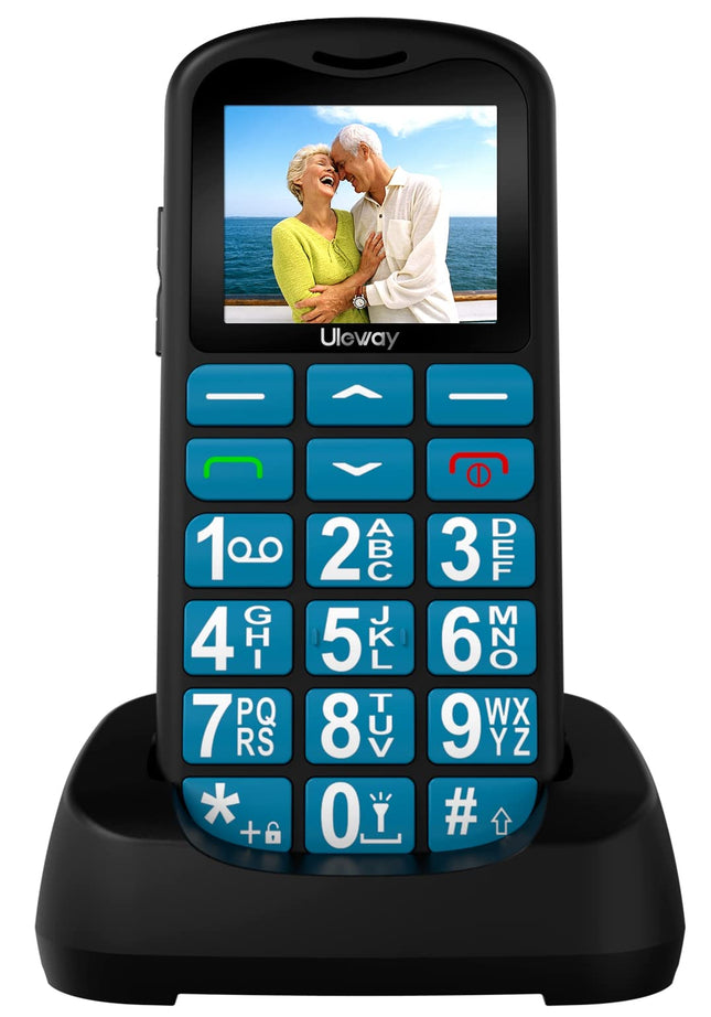 Uleway seenioridele mõeldud mobiiltelefon suurte nuppudega ja lepinguta, kahe SIM-kaardiga pensionäridele mõeldud GSM-seeniormobiiltelefon SOS-hädaabikõne nupuga, suurte nuppudega mobiiltelefon laadimisjaamaga - sinine