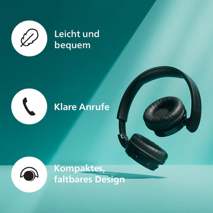 PHILIPS TAH4209BK kerged kõrvapealsed juhtmevabad Bluetooth-kõrvaklapid passiivse mürasummutusega – 55 tundi mänguaega, selged kõned, dünaamiline bass, 2 tundi USB-C laadimist – mustad