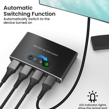 HDMI Switch, HDMI Splitter Automatic 4K Aluminum HDMI Switch 3 in 1 Out UHD HDMI Distributor with Remote Control, HDMI Switch Supports 4K 3D HDR for Fire TV Stick UHD TV PS4 Xbox DVD Blu-Ray