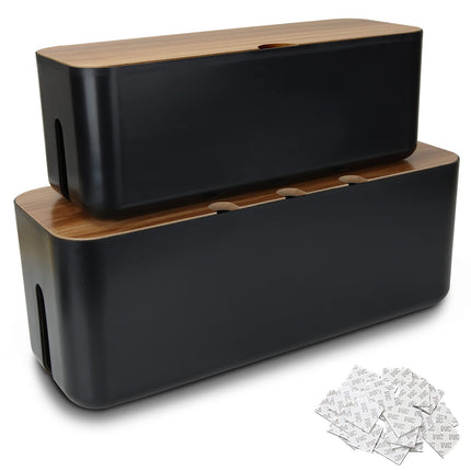 SENENQU Set of 2 cable boxes, black, large cable organizer box with wooden lid for cables, large and small cable management box, adapters, power strips, cable hiding box with 20 double-sided stickers