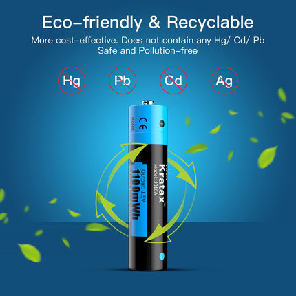 Kratax Rechargeable Lithium AAA Batteries 1100 mWh, 1.5 V AAA Battery [4 Batteries and 1 Charger], Fast Charging 1200 Charge and Discharge Cycles