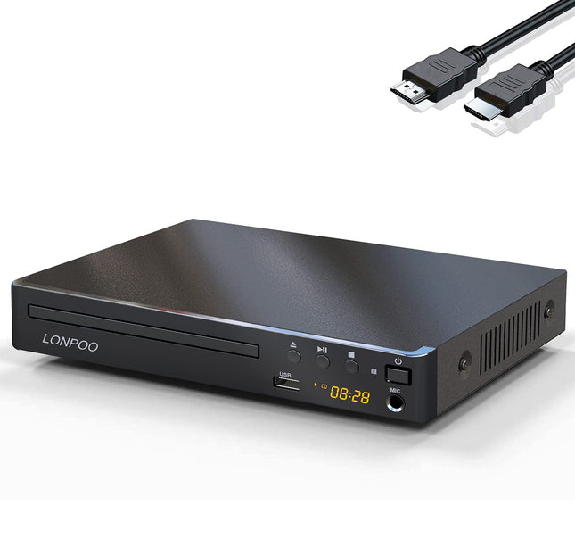 Kompaktne DVD-mängija telerile - HD DVD CD-mängija ilma koodita, HDMI (1080p HD ülesskaleerimine)/AV/koaksiaalväljundiga, USB-sisendi ja mikrofoniväljundiga (1,5 m HDMI-kaabliga)