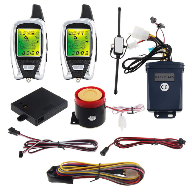 Easyguard EM209 kahesuunaline mootorratta alarmsüsteem puldiga, mootori käivitamise mikrolaineandur, värviline LCD-piipari ekraan, löögiandur, lähedusandur komplektis, universaalne versioon 12 V DC