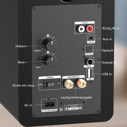 Aktiivne Bluetooth-riiulikõlaripaar - HiFi-kõlar 100W RMS - USB/AUX/optiline sisend/koaksiaalsisend/RCA-sisend - 4" kesksagedus-bass ja 1" kõrgsageduskõlar - kompaktne riiulikõlar - must