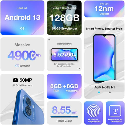 AGM üliõhuke lepinguta nutitelefon, Android 13 mobiiltelefon, 16(8+8) GB + 128 GB (TF 256GB), 50 MP kaamera + 2 MP mikrokaamera, 6,52" HD+, 4900 mAh aku, 4G kahe SIM-kaardiga mobiiltelefon, tumehall