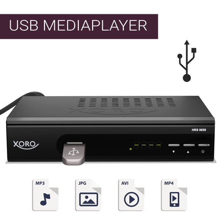 XORO HRS 8659 - digitaalne DVB-S2 HDTV satelliitvastuvõtja, HDMI ja SCART ühendus, toetab Unicable'i, digitaalset heliväljundit, USB 2.0 meediapleierit