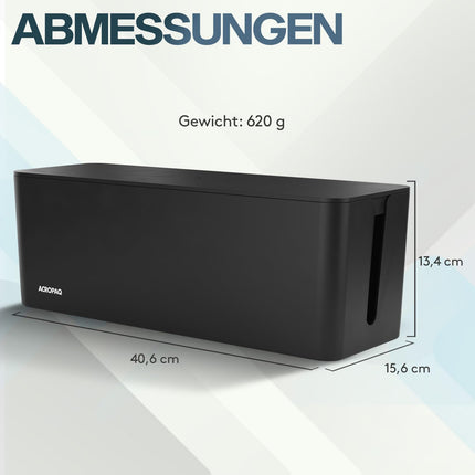 ACROPAQ Cable Box Large Black, Cable Organizer for Hiding Cables (40.6 x 13.4 x 15.6 cm), Desk Organizer - Cable Management Box for Order in the Office and Home Office