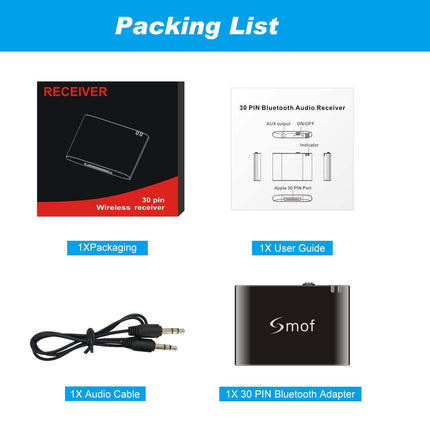 Smof 30-pin Bluetooth-adapter, madala latentsusega pod-telefoni adapter, 30-pin Bluetooth-adapter heli dokkimiseks/muusika dokkimisjaamadeks/stereoks, 30-pin kõlari dokkimisjaam (ei sobi autodele)