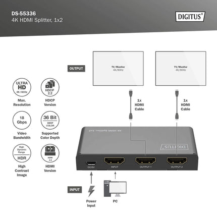 DIGITUS HDMI jagaja 1x2 4K/60Hz HDCP 2.3 EDID juhtimine