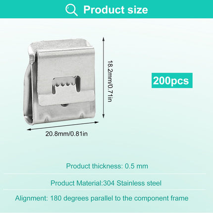 200-osaline roostevabast terasest kaabliklambrite komplekt, 20,8x18,2 mm päikesepaneelide kaabliklambrid, kahekordsed fotogalvaanilised kaabliklambrid elektrikaablite haldamiseks