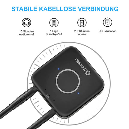 Aux Bluetooth 5.3 adapter stereosüsteemile, SONRU Bluetooth-vastuvõtja heliadapter koos Aux 3,5 mm RCA-kaabliga, kahe AUX-väljundiga autoraadio koduse stereosüsteemi jaoks