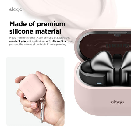elago Compatible with Samsung Galaxy Buds 3 Case &amp; Galaxy Buds 3 Pro Case, Premium Silicone Case with Carabiner, Full Body Protection, Wireless Charging, Earphone Accessories, for Men, Women (Sand Pink)
